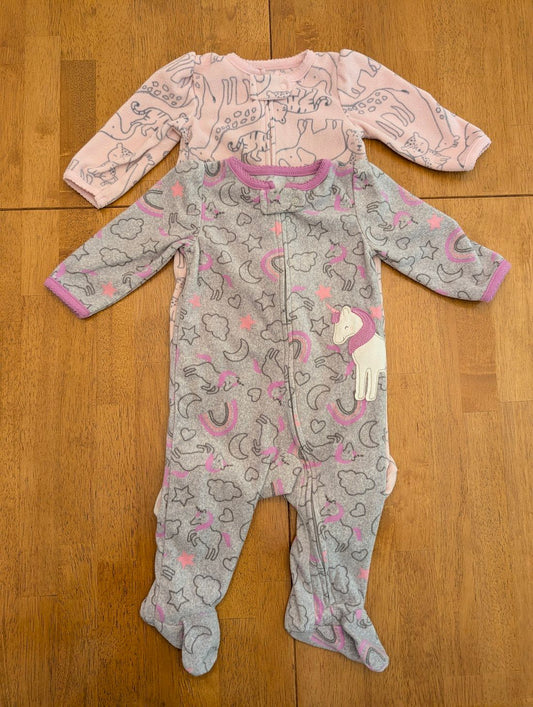 Carter's, 6m, 2 piece fleece footed pajamas single zipper, pink/gray safari, gray/purple unicorn/rai 6 Months