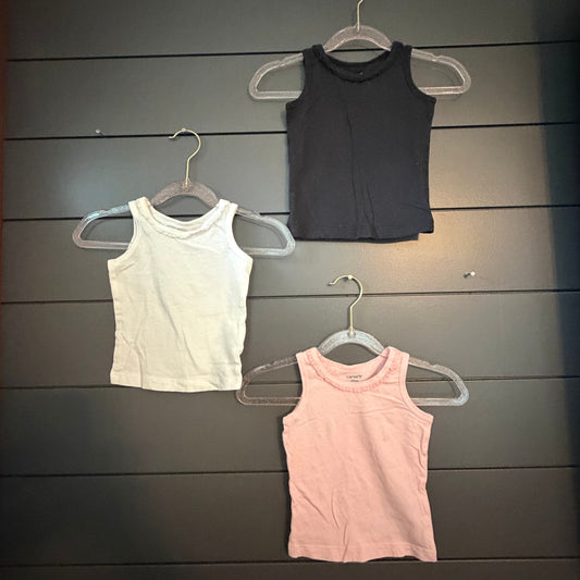 Carters Ruffle neck tank tops, pink white black 12 Months