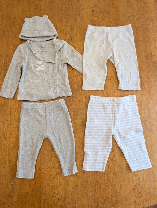 Sterling Baby, 6m, gray ribbed set and 2 pants long sleeve button up, pants, hat, gray pants, gray striped pants 6 Months