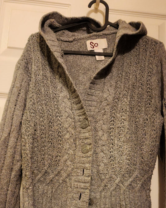 So - XL 50% Acrylic, 25% Wool, 25% Nylon Gray Long Sleeve Button Up Sweater w. Hood Women's - XL