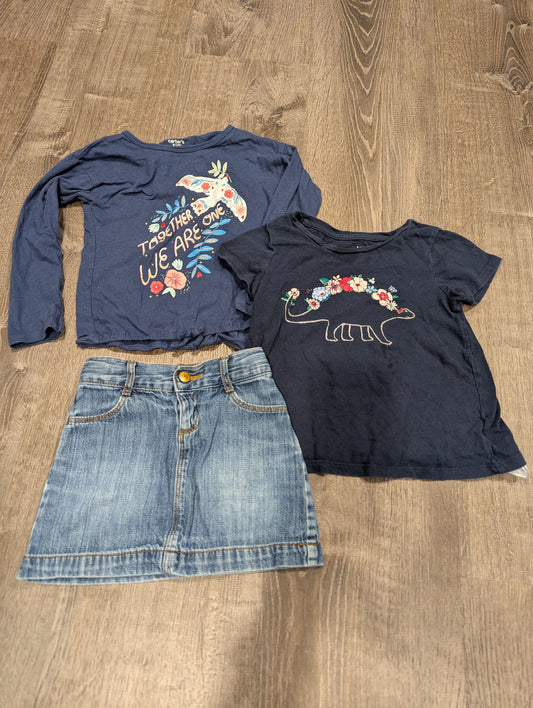 Baby Gap/Old Navy/Carter's Skirt Two Tops Denim Snap Front Skirt, Dino Short Sleeve, Dove Long Sleeve 5T/5