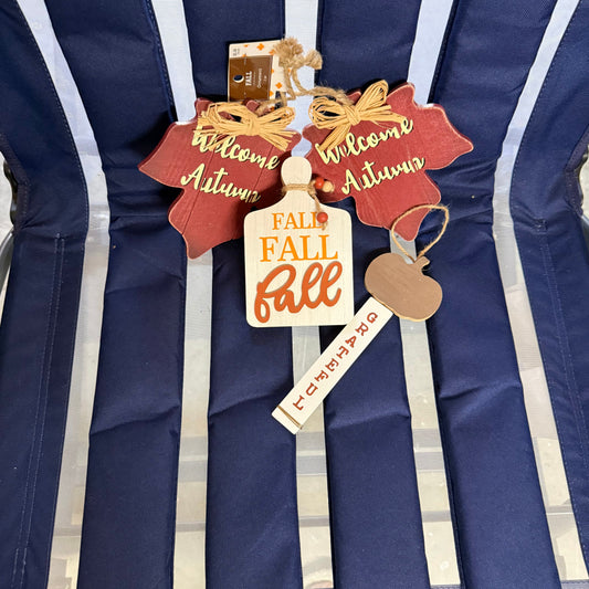 Fall Wood Decorations 4 Count - NEW 2 Maple Leaves 6x6-Board 4x6-Sign 3x8 Holiday