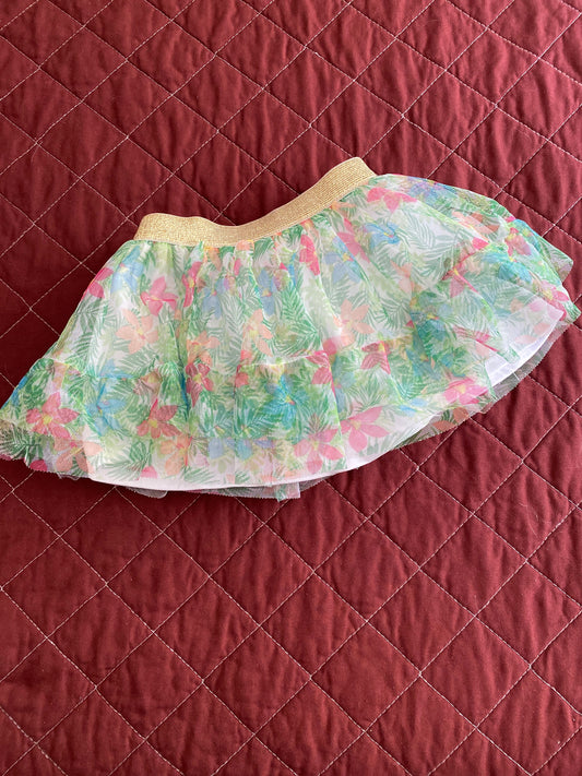 White skirt, 12m with 2 layers of tulle, white and green floral print accented by shiny gold elastic waist band, 12 Months