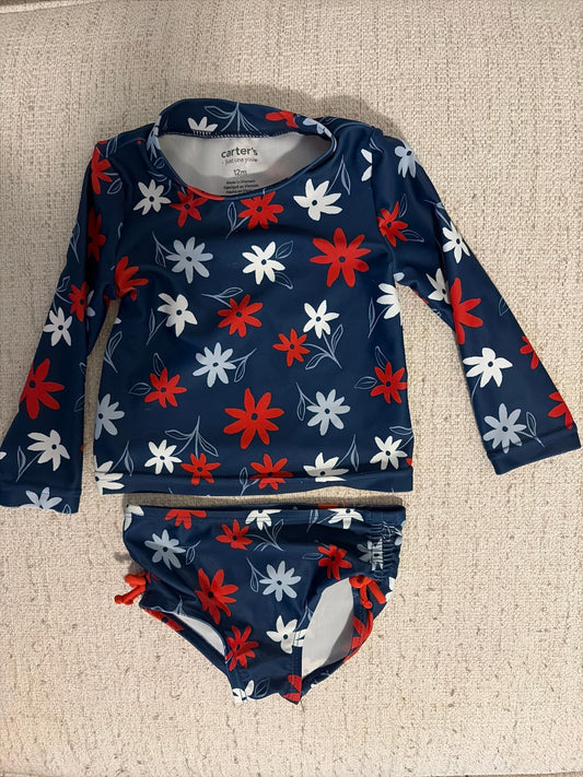 Carters 12 Month Swimsuit SPF 50 Top with Matching Bottoms Floral Pattern 12 Months