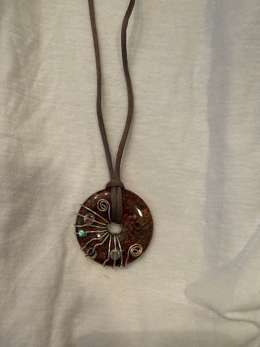 Red jasper stone pendant Wire wrap with gray tie string necklace Jewelry