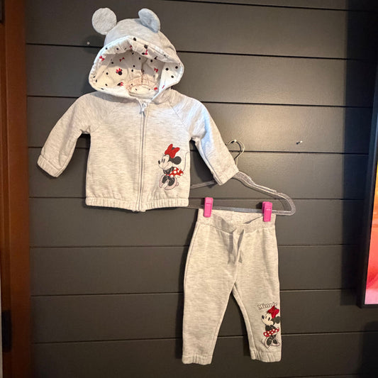 Primark Disney Minnie Mouse zip up sweatshirt and sweatpants, gray 9 Months