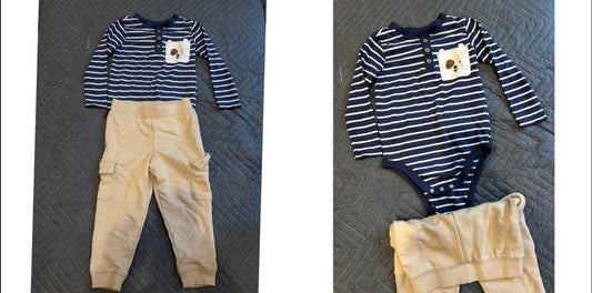 Garanimals New blue and white onesie and doggie pocket w/matching tan pants 24 Months