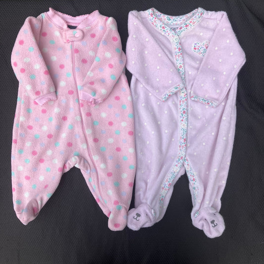 Faded Glory / Carter's NB two footie pajamas Pink polka dot - fleece with zipper, terry cloth with buttons Newborn