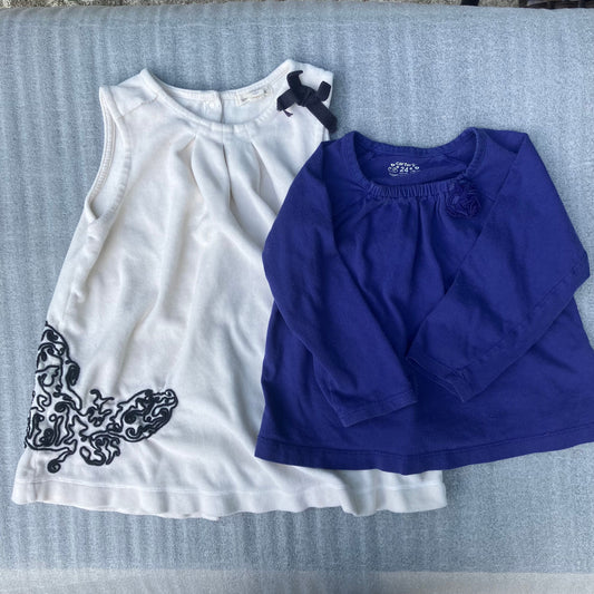 Carter's / Burt's Bees Baby - 24m long-sleeved navy blue shirt / 100% organic white velvet dress w/ black design 24 Months