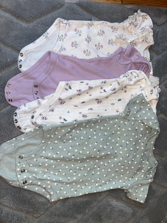 Carter, Nicole Hiller New York 4 short sleeve onesies green, white, purple with flowers 6 Months