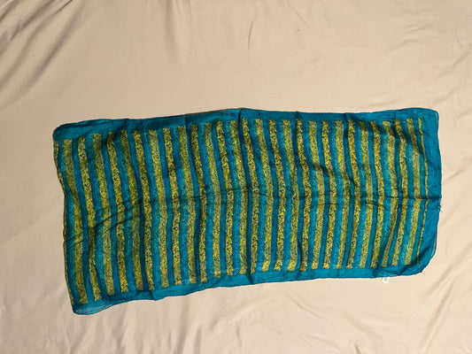 Bijoux Terner women's 100% silk scarf, teal and gold stripes w/ leaf pattern, approx. 66"x18" Scarf