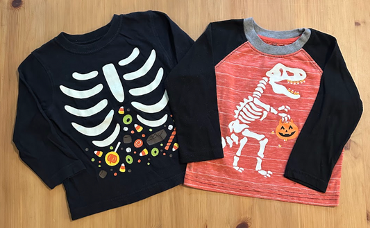 2pc 2T LS Halloween Tees T-Shirts w/ Candy Corn Black w/ Skeleton Bones, Orange w/ Dinosaur Skeleton Candy Teeth 2T