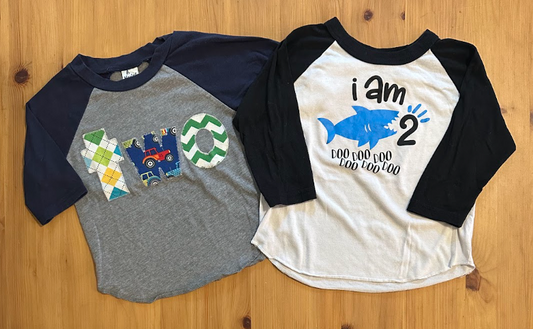 2 TWO Birthday Age Tees T-Shirts Baseball Type Embroidered Gray/Navy, White/Black Baby Shark "I am 2, doo, doo" 2T