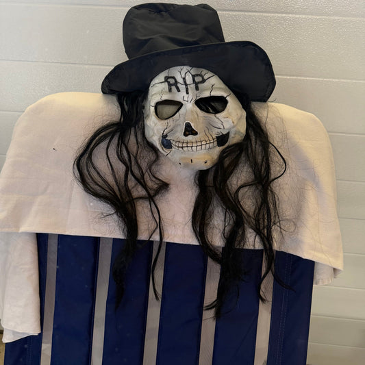 RIP Skeleton Face - Adult Sz Halloween Face Mask With Hat and Blk Hair Holiday