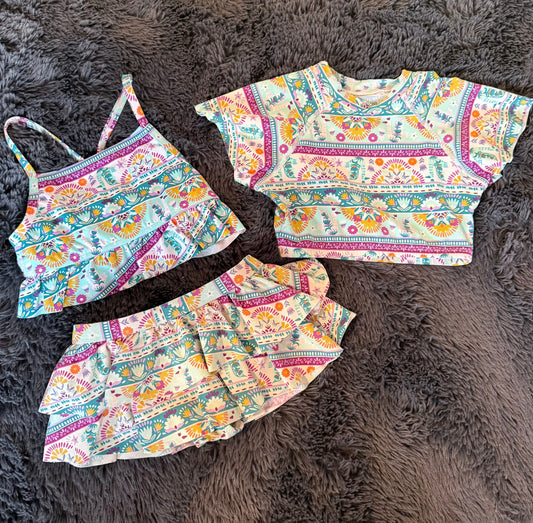 Garnet Hill Girls Swim suit size 4 3 piece swimwear, skirt bottom, crop top and bikini top 4T/4