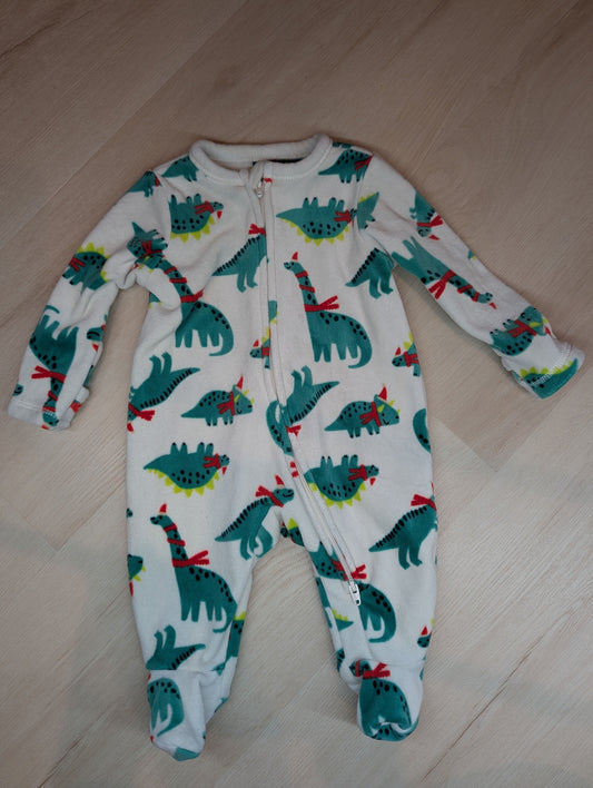 Old Navy fleece Christmas dinosaur pajamas, 0-3m Christmas pajamas with dinosaurs, 2-way zip, fold over mittens Newborn