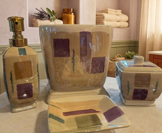Hand painted Horizons 4 piece Bathroom Set Like New Wastbasket, Lotion Dispenser, Soap Dish and Covered Dish Bathroom