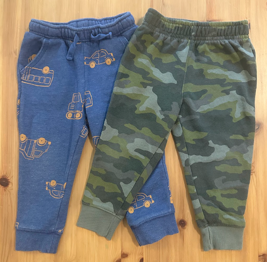 2pc 2T Cat & Jack Printed Sweatpants - Soft! Blue w/ Orange Vehicles, Green Camo Camouflage Print 2T