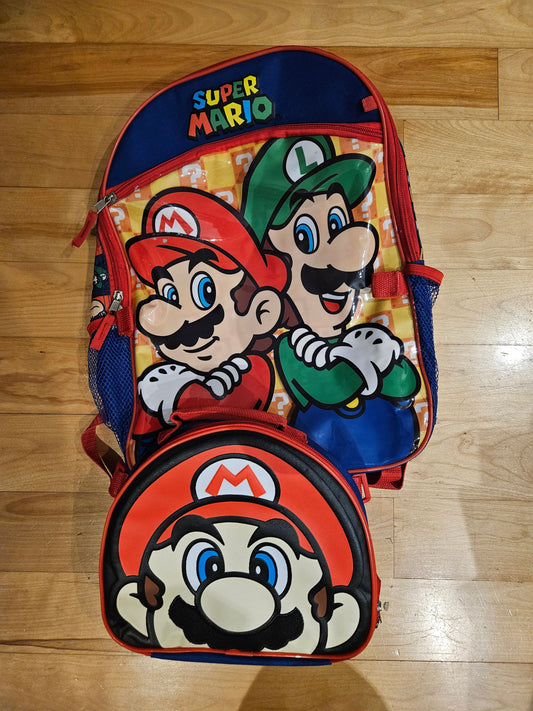 Super Mario backpack and lunchbox Lb attaches to front of bag, bag zips one way, 2 pockets Child