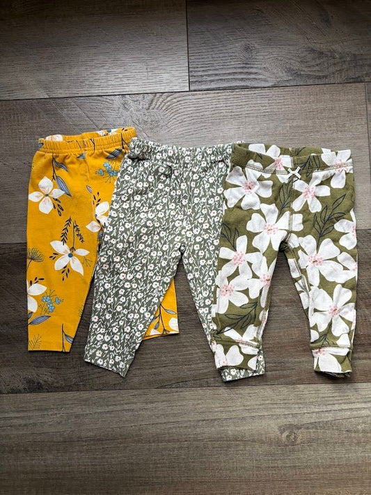 Carters, 9m, Floral Green & Yellow 3 Pairs of pants, 2 Green and 1 Yellow 9 Months