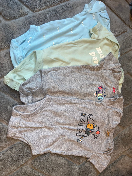 Carter's, Huggies 4 short sleeve onesies gray, green, blue 6 Months
