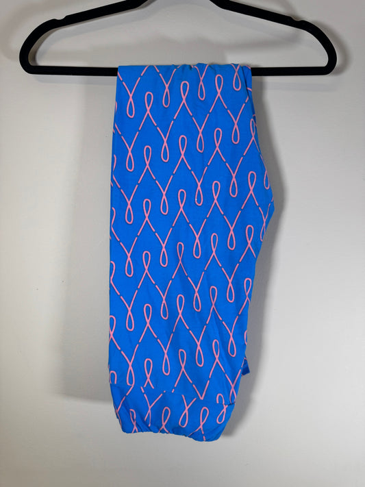LulaRoe Bright Blue w/ Pink Cancer Ribbon Leggings Tall & Curvy Sz 12-18 Women's 12