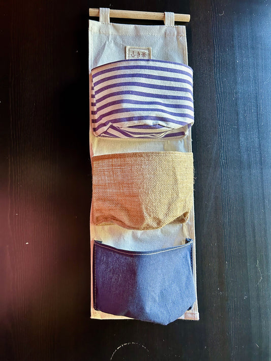 Hanging Fabric Wall Organizer with 3 Pockets Wooden dowel hanger, neutral canvas backing Organize-Storage