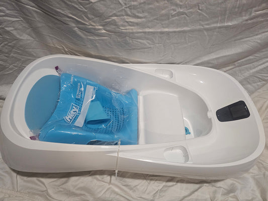 4 mom's Clearwater infant bathtub with newborn ins digital thermometer with infant insert, cup and instruction manua Bathing