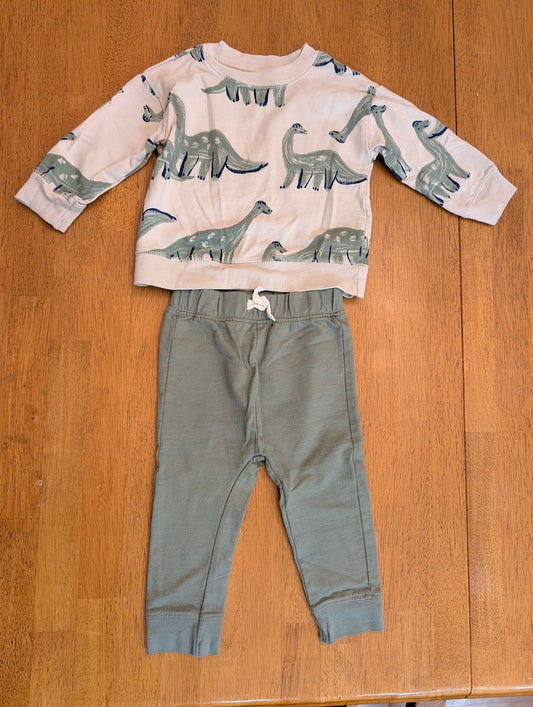 12m, 2 piece - cream sweatshirt, dinosaurs green pants w/ drawstring 12 Months