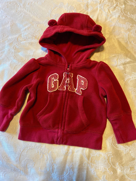 Baby Gap 3m-6m red zip up sweater, bear ears on hood, clean cuffs 3 Months