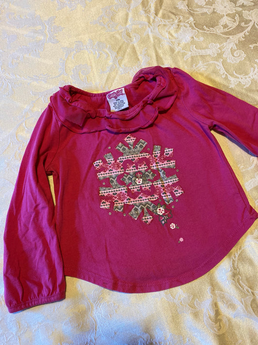 Candy girl, 24m pink long sleeve shirt snowflake design, shiny pink thread around snowflake, 24 Months
