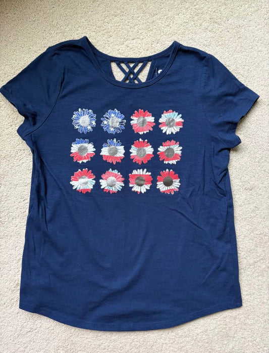 SO, 14, Girls Crisscross back Graphic Tee, Navy American Flag Daisies 14