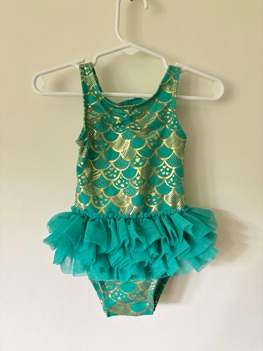 Cat & Jack, 12m, Swim Suit Teal and gold with ruffle 12 Months