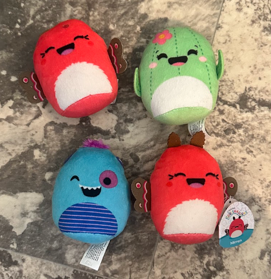 4pc Mini Squishmallows - 1 NWT! Green Cactus, Blue Monster, 2 Red Parrots Plush Toys