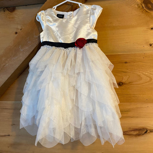 Holiday Editions, 2T, white holiday dress with tiered tulle skirt black waistband and red fabric rose 2T