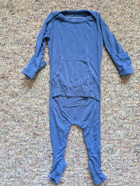 Lila Bamboo Navy blue romper with built in fold over mittens and feet Newborn