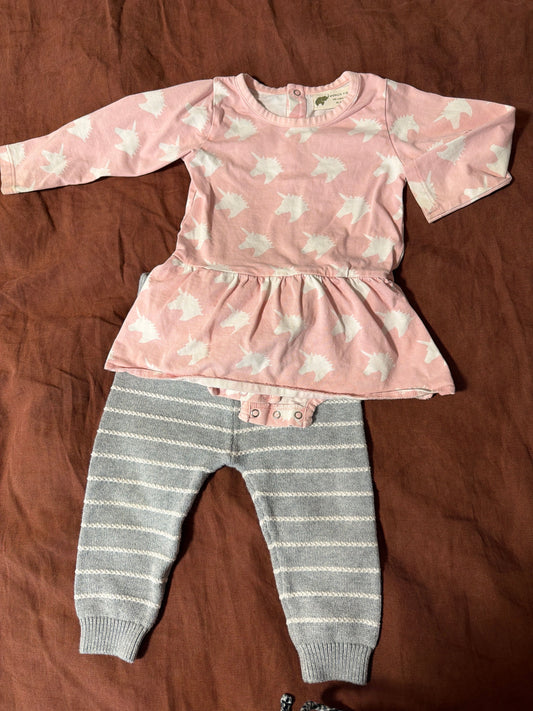 Monica and Andy and Mori Blouse and grey pants 9 Months