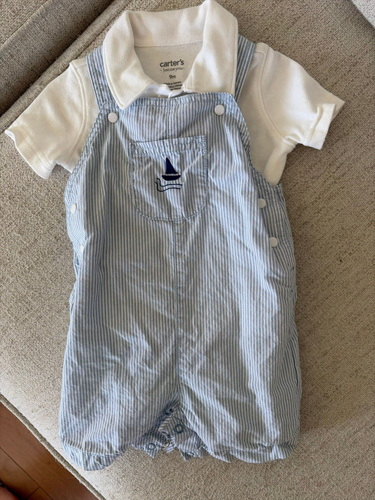 Carters 9 Month Polo Onsie and Blue Overall Set Blue Stripes with Sailboat 9 Months