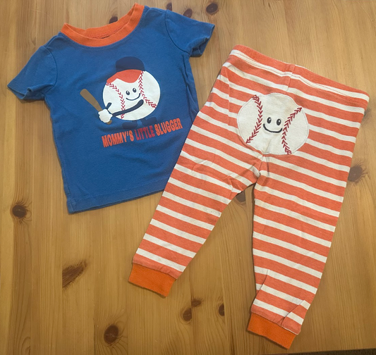 Baby Place 12-18m 2pc Mommys Little Slugger PJ Set Blue SS Baseball Top, Orange/White Striped Pants - Cotton Pajamas 12 Months