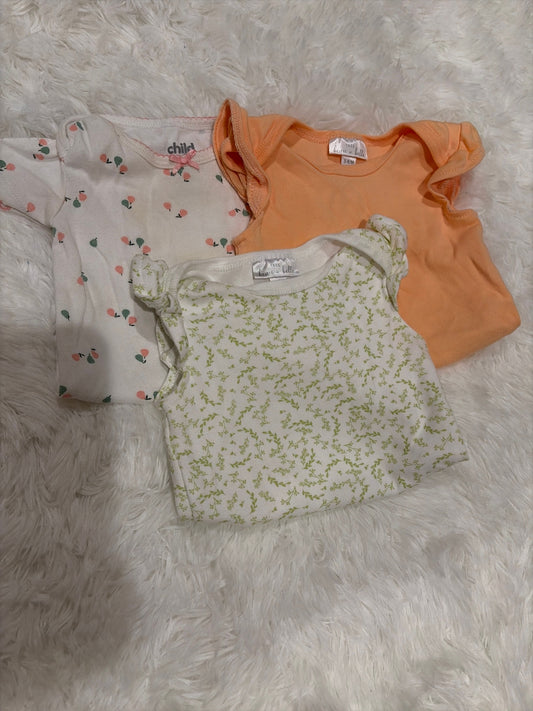 Beau eat Belle and Child of Mine 3-6 Month 3 pk short sleeve onesies, peaches, greenery, orange 3 Months