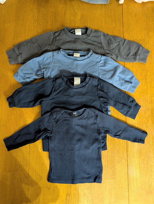 H&M, 0-3m, 4 piece, 1 long sleeve shirt - navy 3 sweatshirts - dark blue, gray, navy 3 Months