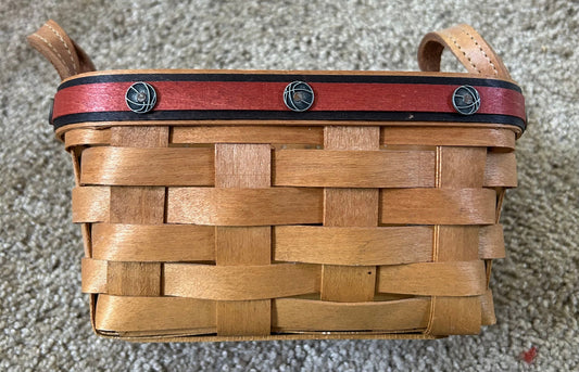 Longaburger handmade basket with leather handles Orange & black with basketball tags, 7 1/2 x 5 1/2 - index card Decor