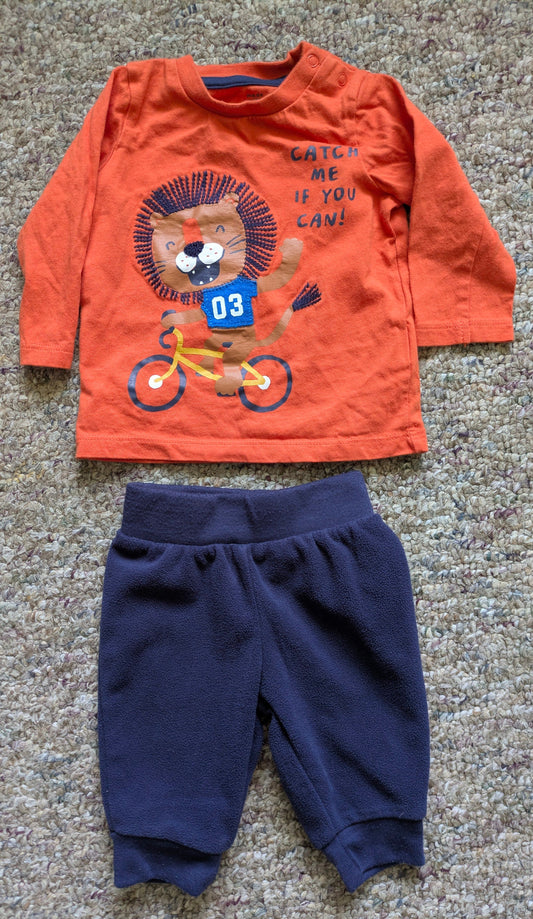Fred & Flo/ simple joys Orange long sleeve with lion on bike & navy blue fleece pants Newborn