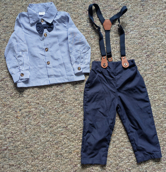 Amazon: 9-12 months Navy blue button up with bow & matching pants w suspenders 9 Months