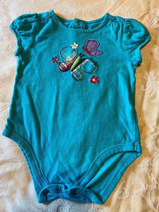 Jumping Beans. 12m blue onesie with butterflies, Embroidered flowers. 12 Months