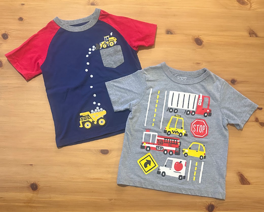 2pc Children's Place Construction Tees T-Shirts Navy w/ Pocket Decoration, Gray w/ Various Vehicles 2T