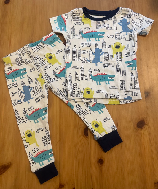 2pc 18m Carters White/Navy Dinosaur in City PJs Pajamas Set, Dinosaurs, Skyscrapers, Cars, Taxicabs, Trucks 18 Months