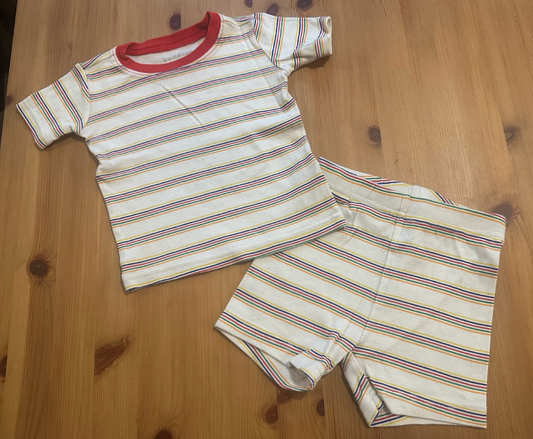 Baby Place 12-18m PJ Pajamas Set White w/ Stripes SS Top and Shorts - White w/ Colorful Stripes Cotton PJs 12 Months