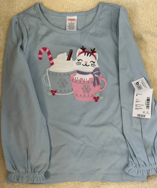 Gymboree girls shirt size 6 NWT Blue with cat, mugs of cocoa, long sleeve 6