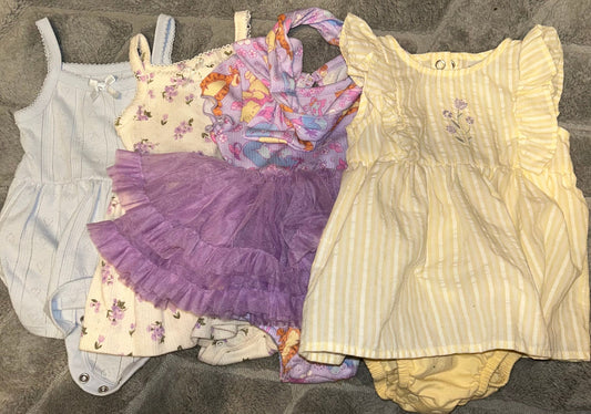Old Navy, Disney, Carter's 4 Dresses Old Navy blue, white with flower, Poor Disney, Yellow striped 6 Months